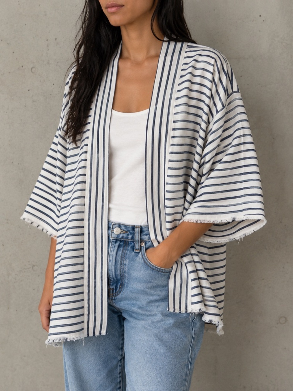 GAP Women's Blue and White Striped Linen-Blend Kimono Cardigan w/ Frayed Hem, XS